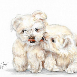 Original DOG Oil Portrait Painting MALTESE Artist Signed Puppy Pet Artwork