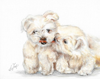 Original DOG Oil Portrait Painting MALTESE Artist Signed Puppy Pet Artwork