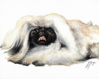Original Oil Portrait Painting PEKINGESE Puppy Dog Artwork from Artist Signed