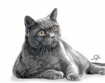 Original Oil Portrait Painting BRITISH SHORTHAIR GREY Gray Blue Artist Signed Artwork Cat Kitten Art Animal Pet