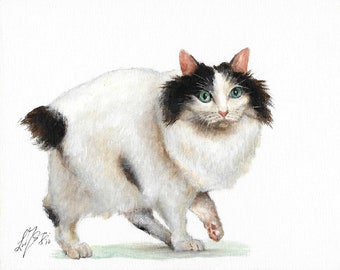 Original Oil Portrait Painting JAPANESE BOBTAIL LONGHAIR Black White Artist Signed Art Artwork Cat Kitten Pet