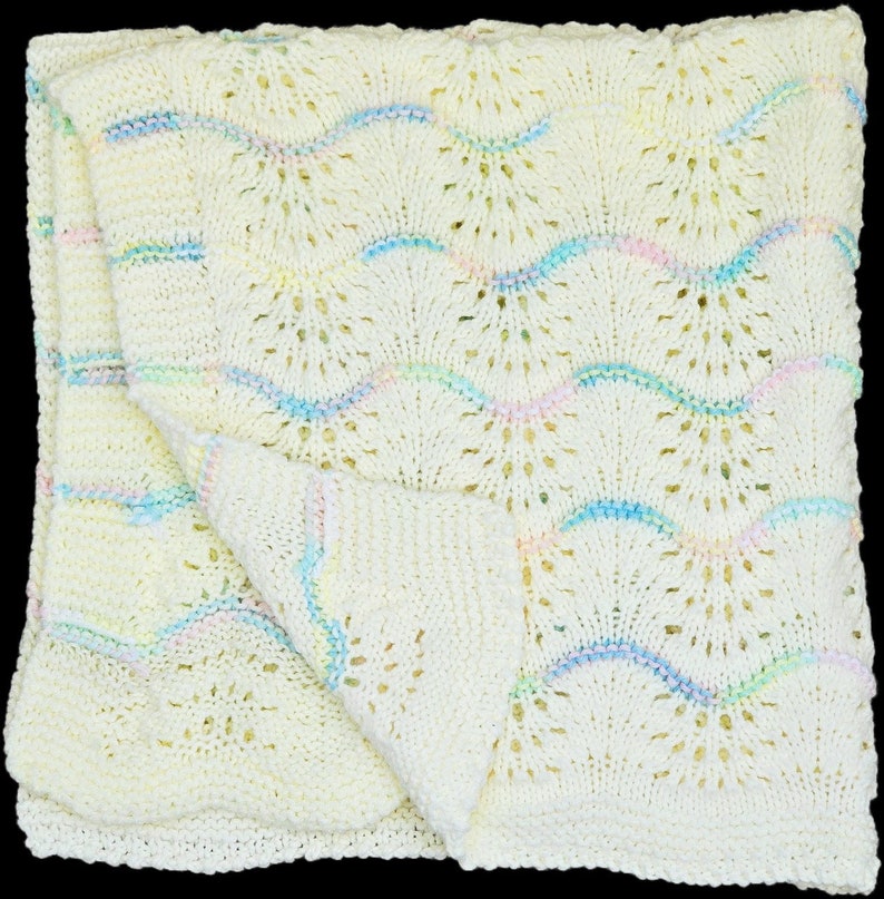 NEW Handmade CREAM Knit Crochet BABY Afghan Blanket Throw Newborn Infant Wave Trim Antique White image 5