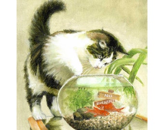 Original Oil Portrait Painting CAT PLAYING Fishing Goldfish Tank Kitten Artwork Artist Signed Art Pet Animal