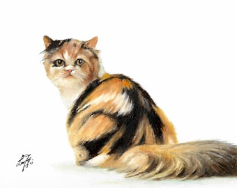 Pintura a óleo original de retrato, tartaruga persa e gato branco, arte assinada, animal de estimação, gatinho, arte