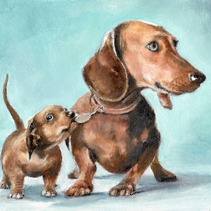 Original DOG Oil Portrait Painting DACHSHUND Two Weiner Puppies Artwork Artist Signed on Canvas Panel