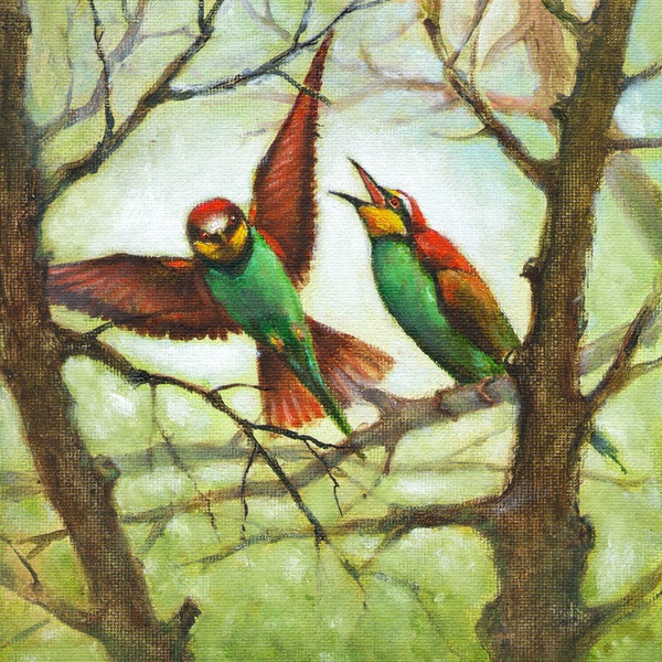 Original Oil Bird Portrait Painting Art Artwork EUROPEAN BEE EATER Forest Tree Artist Signed