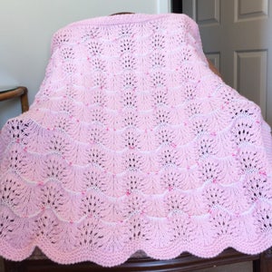 NEW Handmade PINK Knit Crochet BABY Afghan Blanket Throw Newborn Infant Wave Trim