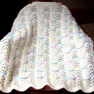 NEW Handmade CREAM Knit Crochet BABY Afghan Blanket Throw Newborn Infant Wave Trim Antique White image 6