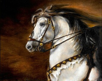 Original Oil Portrait Painting WHITE WARRIOR HORSE War Mare Pony Classical Artwork Artist Signed Art Animal