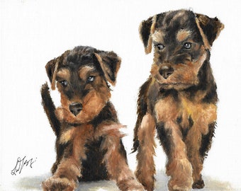 Original Oil DOG Portrait Painting WELSH TERRIER Puppies Artist Signed Artwork