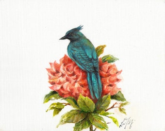 Original Oil Bird Portrait Painting Art Artwork STELLER'S JAY Blue Red HYDRANGEA Flower Artist Signed