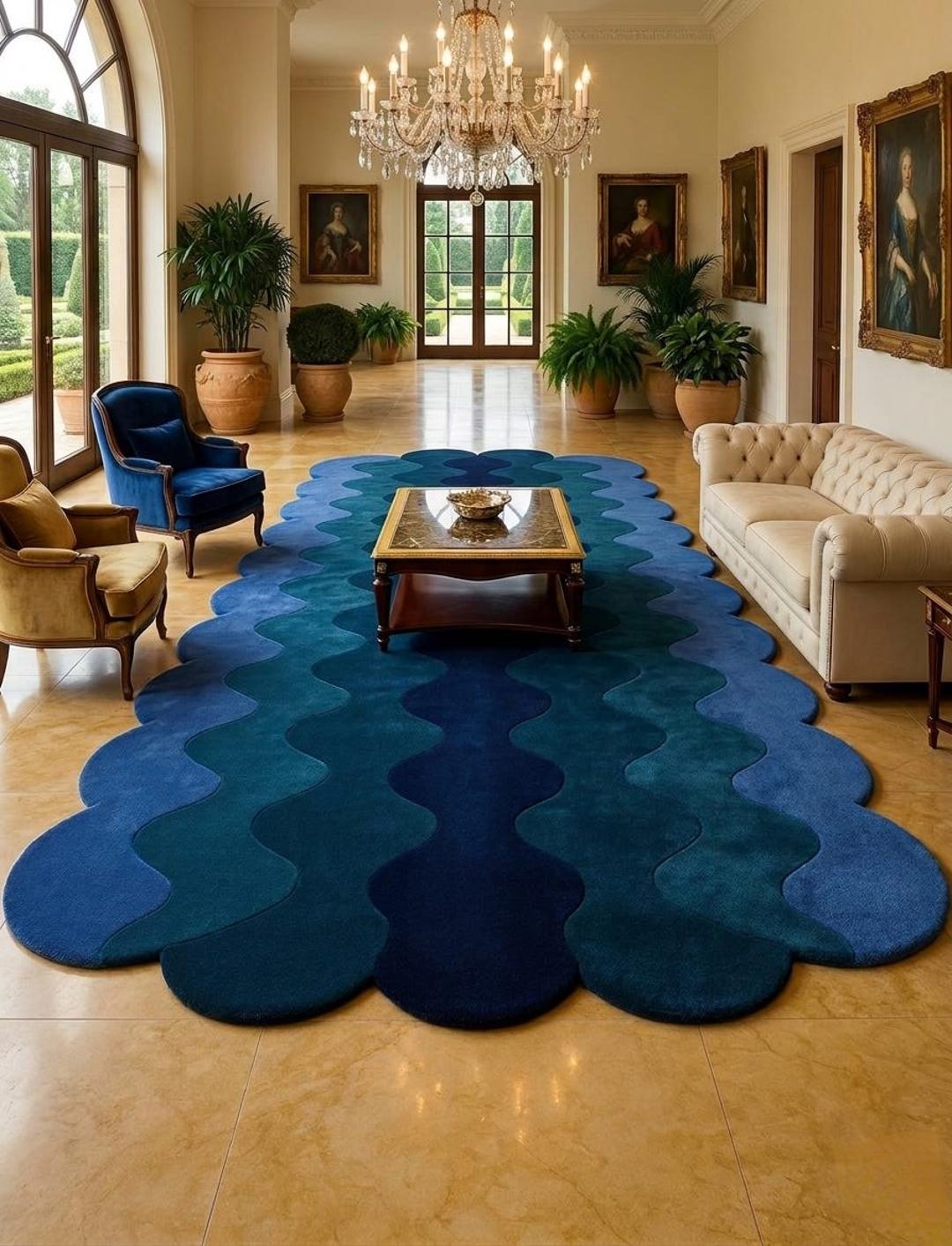 Hand Tufted Wool Wave Rug, Modern Abstract Blue Area Carpet ...