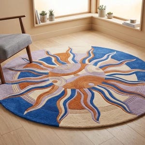 Hand Tufted Sunburst Rug, Round Wool Area Rug, Abstract Blue Orange Lavender Carpet, Modern Boho Living Room Decor, Custom Handmade Rug