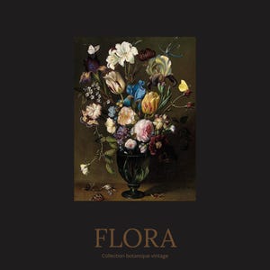 Può includere: Un dipinto floreale vintage con un vaso verde scuro traboccante di fiori colorati. La composizione include fiori bianchi, gialli, blu e rosa. La parola "FLORA" è visualizzata in testo dorato.
