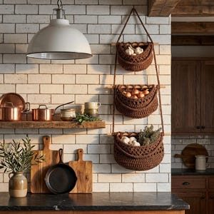 May include: Three hanging brown macrame baskets filled with produce, including garlic and onions, suspended against a white tiled wall. A rustic kitchen scene with copper pots, wooden cutting boards, and a cast iron skillet.