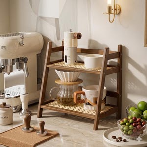 Organizador de estación de café de bambú de 2 niveles, estante minimalista para encimera de cocina