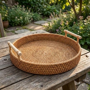 Puede incluir: Una bandeja redonda de ratán tejido con dos asas de madera. La bandeja es de color marrón claro y está sobre una mesa de madera envejecida. El patrón tejido de la bandeja crea una superficie texturizada, ideal para servir o exhibir.