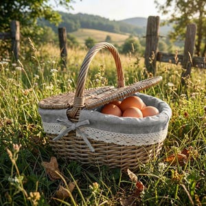 Op de afbeelding: Een rieten picknickmand, gevuld met bruine eieren, staat in een grasveld. De mand heeft een grijze stoffen voering met een kanten rand en een strik. Op de achtergrond een houten hek en een groene heuvel.