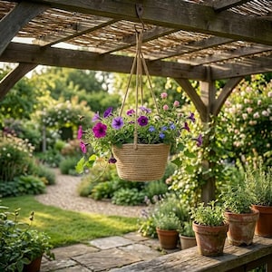 Può includere: Un cestino sospeso pieno di petunie viola e blu vibranti. Il cestino è fatto di corda intrecciata e sospeso a una pergola di legno. Lo sfondo presenta un giardino lussureggiante con un sentiero di pietra e piante in vaso.