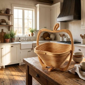 Op de afbeelding: Een houten appelvormige mand met een handvat, gemaakt van lichtgekleurd hout. De mand is ontworpen met een gelaagde constructie en staat op een houten tafel in een keuken. De keuken heeft witte kasten en een raam.