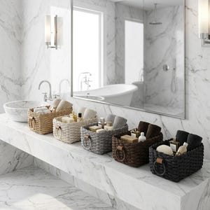 May include: Six woven rectangular baskets in various colours, each with a metal ring handle and leather accents. The baskets contain towels, soaps, and toiletries, arranged on a marble countertop in a bathroom.
