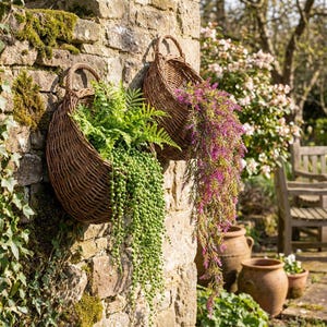 Puede incluir: Dos cestas colgantes de mimbre, con asas, fijadas a una pared de piedra. Una contiene helechos verdes y plantas colgantes, la otra flores moradas. Las cestas ofrecen un elemento decorativo rústico para el jardín.