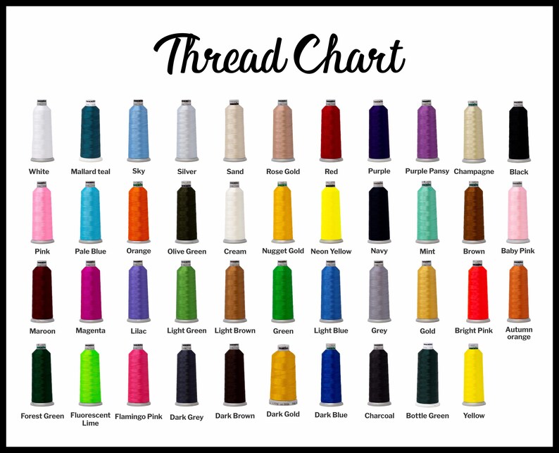 May include: A thread chart featuring a variety of thread colors, including white, black, pink, and green. The chart displays the names of the colors, such as "Sky," "Silver," and "Rose Gold." The text "Thread Chart" is at the top of the image.