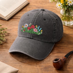 Womens Floral Embroidered Cap, Daisy Wildflower Baseball Hat, Cottagecore Botanical Hat, Aesthetic Birthday Gift for Her, Vintage Floral Hat
