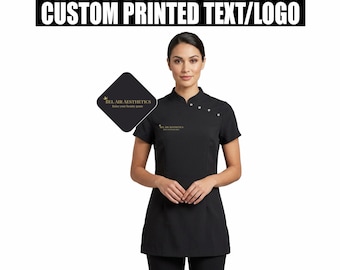 Custom Text/LOGO Printed Beauty Spa Tunic, Personalised Logo Salon Uniform Top, Beautician Hairdresser Workwear, Professional Spa Staff Top