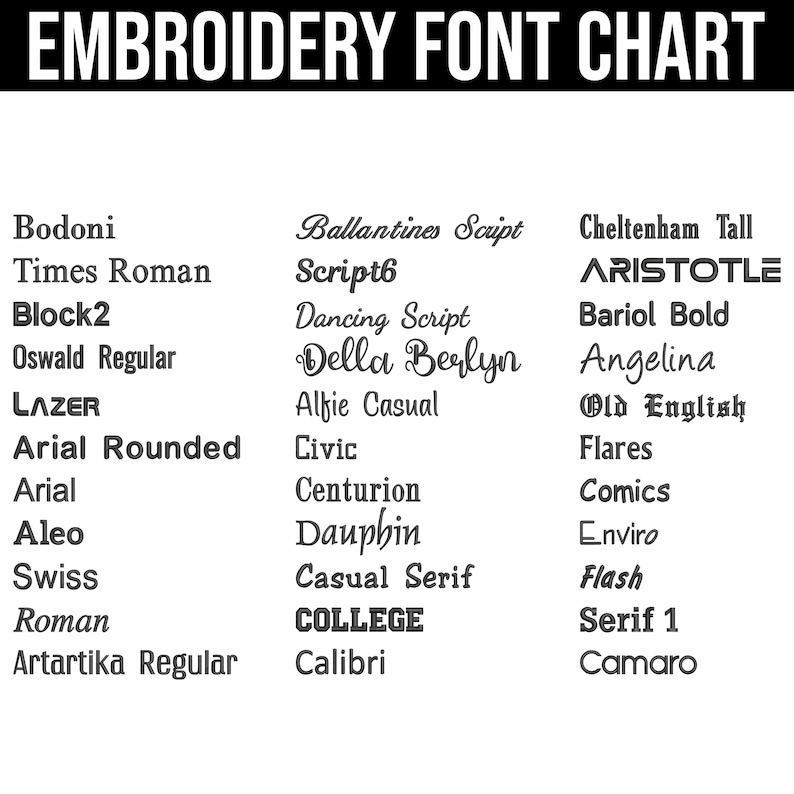 May include: An embroidery font chart with a black header reading "EMBROIDERY FONT CHART". The chart showcases various font styles, including serif, sans-serif, and script fonts, each labelled with its name in black text.