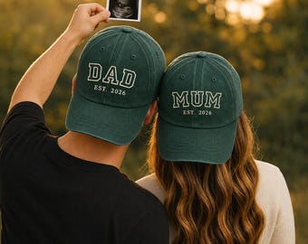 Custom Embroidered Mum and Dad EST 2026 Hat, Pregnancy Reveal Cap, Baby Announcement Gift, New Parents Baseball Hat, Father Day Gift for Dad