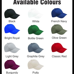 May include: A variety of baseball caps in different colors are displayed against a black background. The available colors include black, white, French navy, bright royal, bottle green, olive green, light grey, graphite grey, classic red, burgundy, and putty.