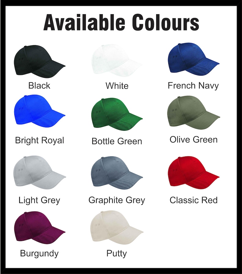 May include: A variety of baseball caps in different colors are displayed against a black background. The available colors include black, white, French navy, bright royal, bottle green, olive green, light grey, graphite grey, classic red, burgundy, and putty.