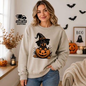 Könnte beinhalten: Ein beigefarbenes Sweatshirt mit Rundhalsausschnitt und einem Grafikdruck eines schwarz-lohfarbenen Dackels mit schwarzem Hexenhut, der in einem geschnitzten orangefarbenen Kürbis sitzt, umgeben von Herbstblättern und kleinen Zweigen.