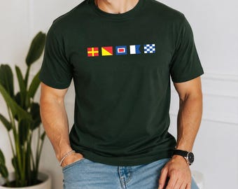Personalised Nautical Flag Name Shirt, Custom Maritime Signal Flag T Shirt, Sailing Captain Tee, Nautical Name Tee, Boat Lover Sailor Shirt