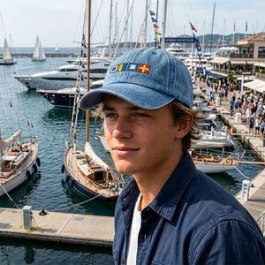 May include: A blue denim baseball cap with a nautical flag design. The cap has a curved peak and a classic six-panel design. The background shows a marina with sailboats and yachts.