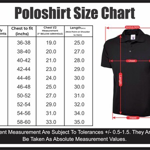 May include: Black polo shirt size chart with measurements in inches. Includes chest, length, and armhole measurements for sizes XS to 6XL. A diagram shows where to measure the chest, length, and waist. The text at the bottom states that garment measurements are subject to tolerances.