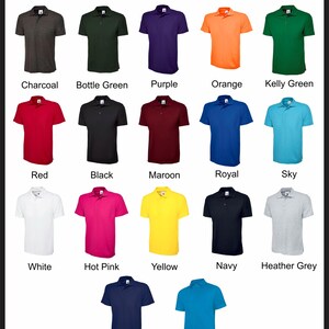 May include: A selection of polo shirts in a range of colours, such as charcoal, bottle green, purple, orange, and kelly green. The image also displays red, black, maroon, royal, sky, white, hot pink, yellow, navy, heather grey, french navy, and sapphire blue polo shirts.