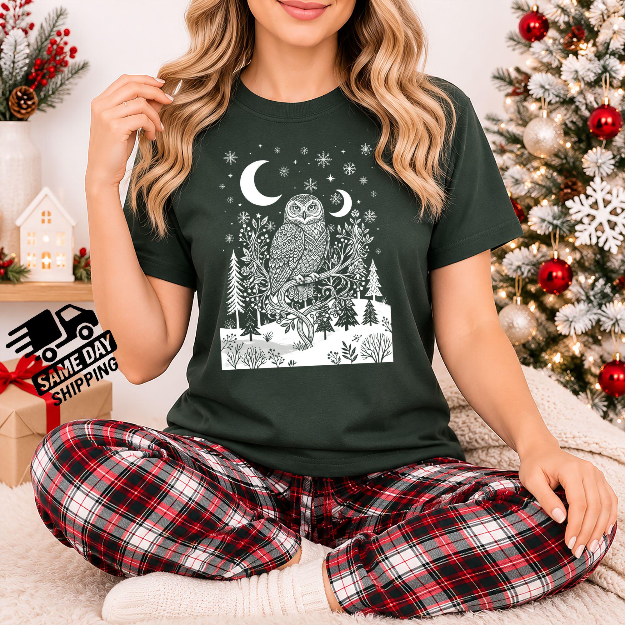 Winter Owl Shirt, Celestial Owl Moon T Shirt, Owl Lover Christmas Shirt, Mystical Winter Forest Top,