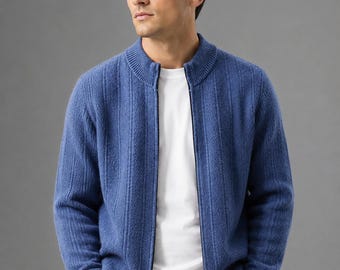 Men’s 100% Wool Zip Up Cardigan, Jacquard Knit Sweater, Stand Collar Winter Jacket