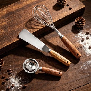 May include: A stainless steel whisk, a flat spatula, and a round cookie scoop, each featuring a wooden handle. The spatula handle is engraved with the text "Sweet treats, happy days," while the whisk and scoop handles feature additional text.