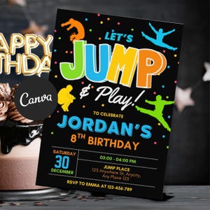 Neon Trampoline Birthday Invitation, Bounce Party Editable Canva Template (Digital Download)