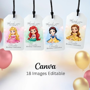 Op de afbeelding: Vier witte rechthoekige cadeaulabels met zwarte koordjes, elk voorzien van een cartoon prinses-illustratie, de tekst thank you for coming to en de naam Claudia Birthday Celebration. Onderaan staat de tekst Canva 18 Images Editable.
