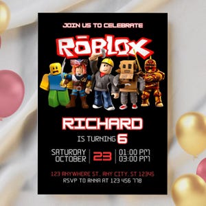 May include: A black birthday invitation card featuring the Roblox logo and five character figures. Text includes JOIN US TO CELEBRATE, RICHARD IS TURNING 6, SATURDAY OCTOBER 23, 01:00 PM - 03:00 PM, 123 ANYWHERE ST., ANY CITY, ST 12345, and RSVP TO ANNA AT 123 456 778.