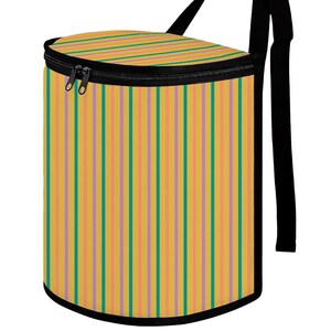May include: A cylindrical insulated cooler bag with a black zipper and a black adjustable shoulder strap. The bag features a vertical striped pattern in shades of orange, yellow, green, and purple.