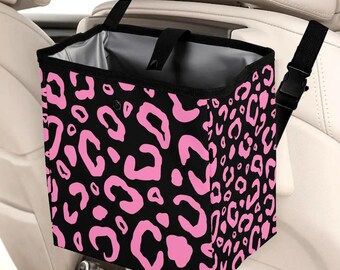 Pink Leopard Car Trash Bag Foldable Organizer Waterproof Auto Garbage Bin for Women