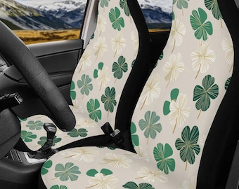 Clover Car Seat Covers Full Set Shamrock Pattern Green Front Rear Universal Fit