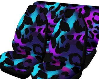 Purple Blue Leopard Car Seat Covers Full Set 4 PCS Animal Print Front Rear Fit