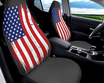 Gray American Flag Front Car Seat Covers Set 2 PCS USA Patriotic Universal Fit