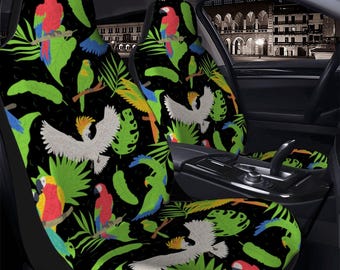 Parrot Folk Art Car Seat Covers Black Background Tropical Paisley Interior Auto Decor (2 PACK)